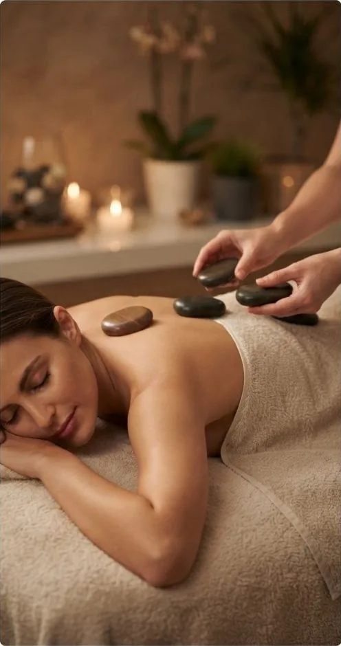 Hot stones placed on the back at The Sidra Spa